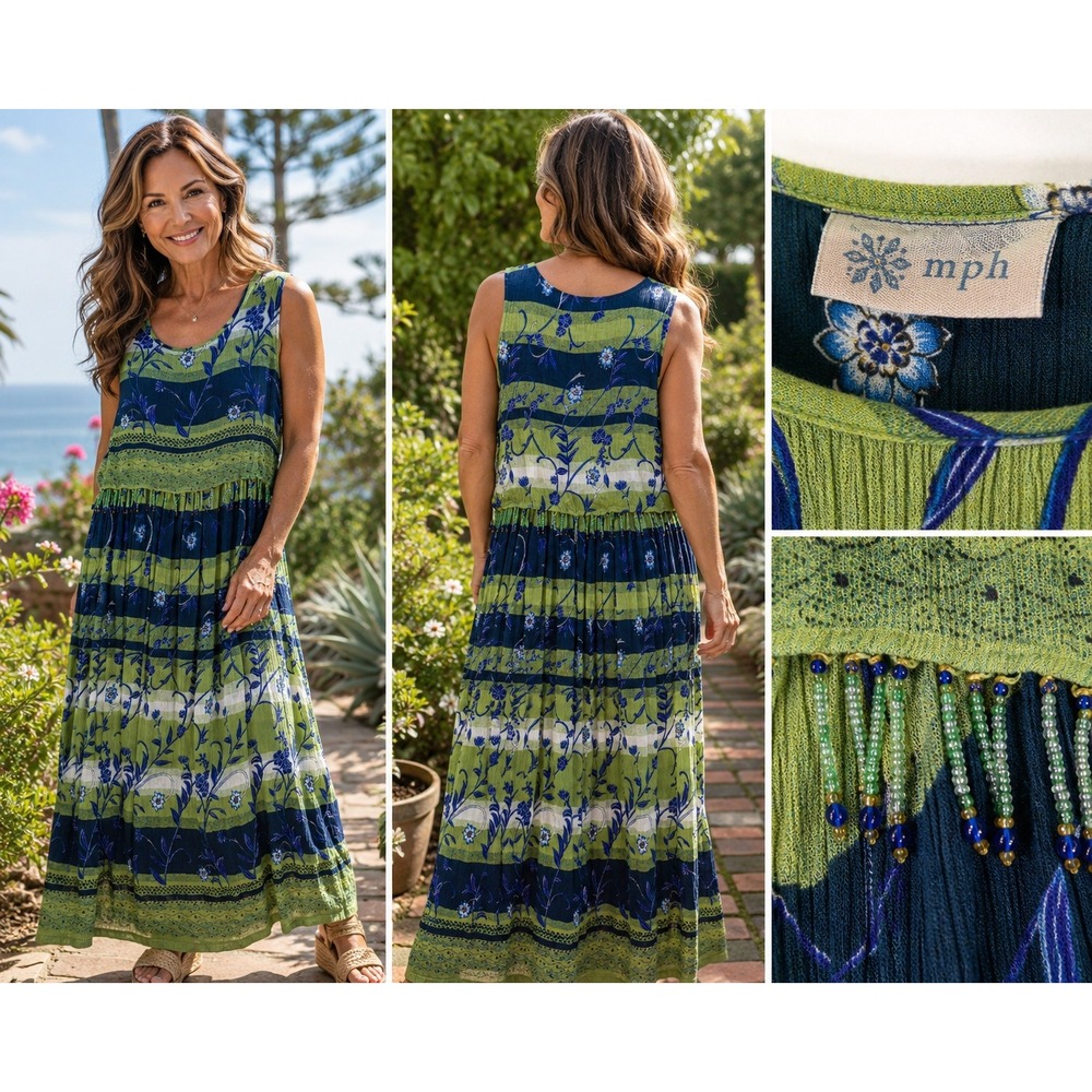 Vtg M.P.H.‎ Maxi Dress Beaded Fringe Floral Green Blue Women M  Boho Cottagecore
